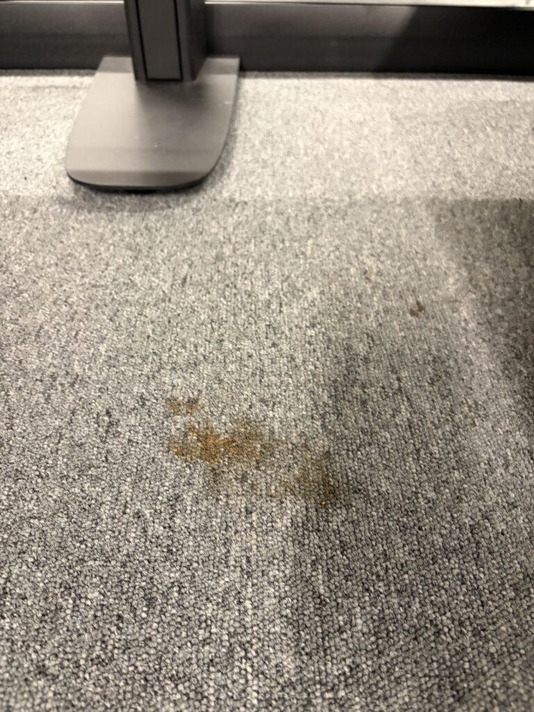 Hardnekkige vlek op kantoortapijt in een internationale instelling in Brussel. Status vóór de geavanceerde Vezel Care-renovatie.